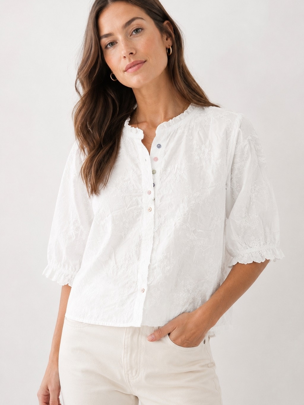NWT Buykud White Eyelet Button-Front Women's Top
